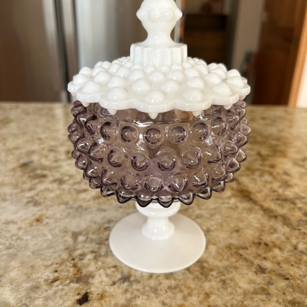 Elegant White and Purple Hobnail Glass Jar